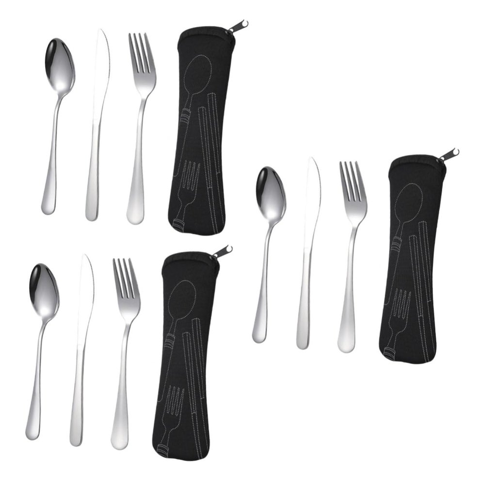Sosoport 3sets Stainless Steel Portable Tableware Camping Cutlery Knife Fork Spoon Outdoor Utensils Storage Bag for Travel and Picnics