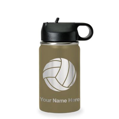 LaserGram Personalized Water Bottle, Volleyball Ball, Stainless Steel Double Wall Vacuum Insulated with Flip Top Straw, Custom Engraved Gift (12oz / 335ml Camo Green)