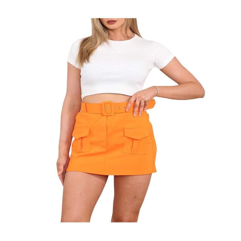 c2pwear Womens Belted Viral Skorts Ladies High Waist Skirt 2 Pocket Fashion Cargo Shorts (Orange Small)