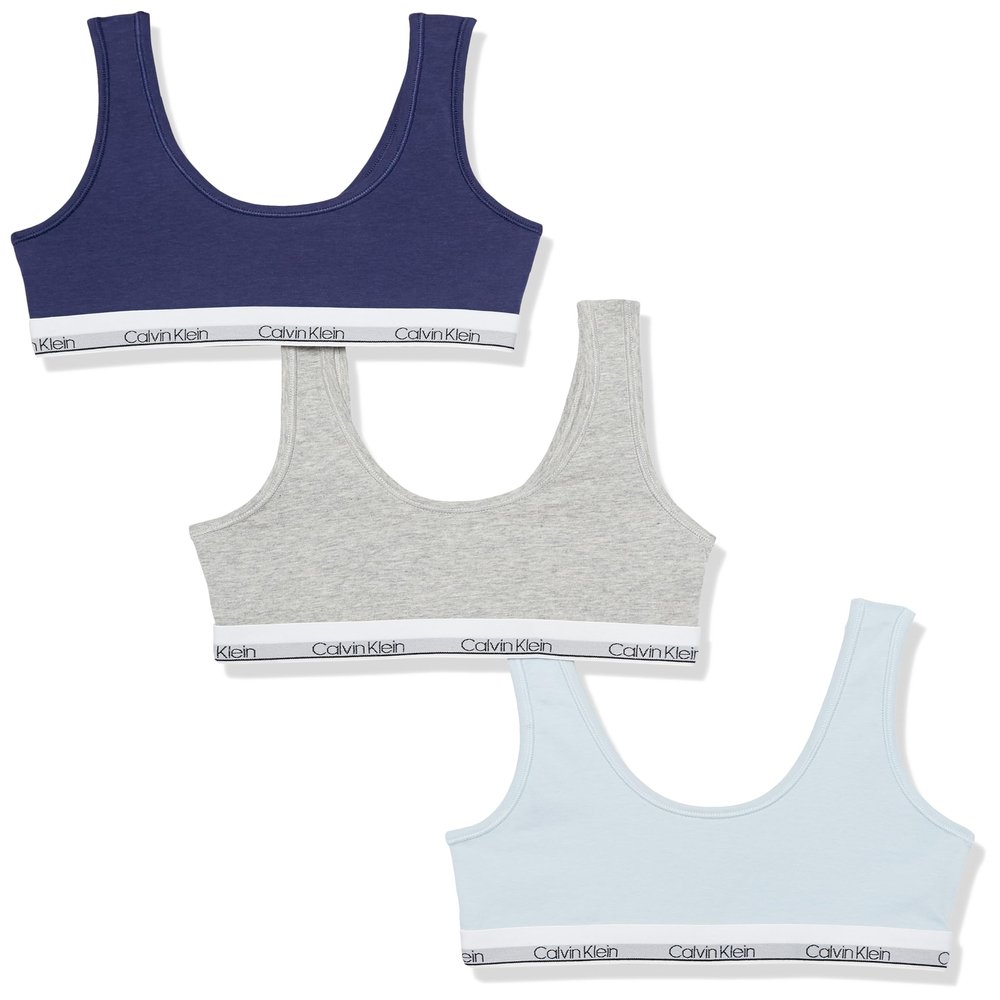 Calvin Klein Kids Girls' Modern Cotton Bralette 3-Pack, Light Blue/Heather Grey/Symphony, Medium