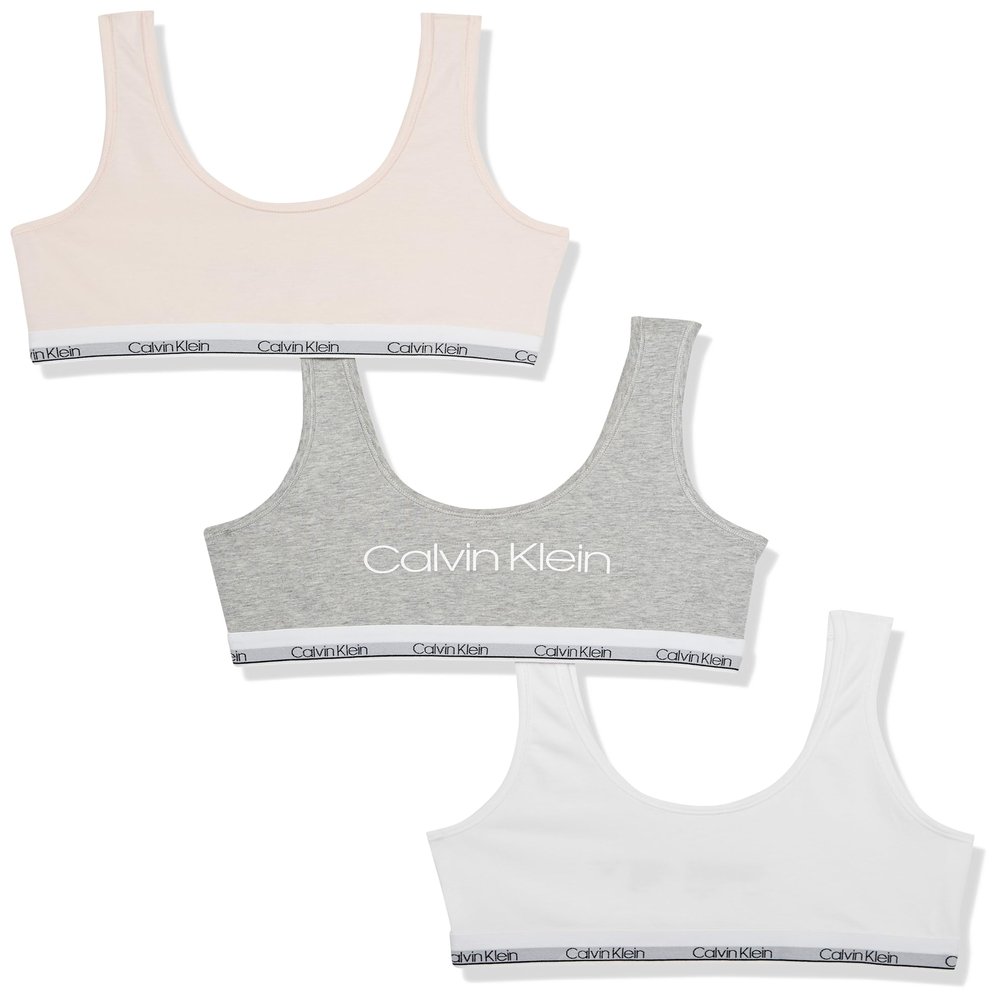 Calvin Klein Kids Girls' Modern Cotton Bralette 3-Pack, Classic White/Crystal Pink/Heather Grey, Small