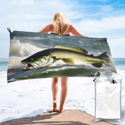 ZISHAK Bass Fishing Wave Superfine Fiber Towel with Carabiner,Quick Drying Portable,Be Suitable for Beach,Pool,Hiking