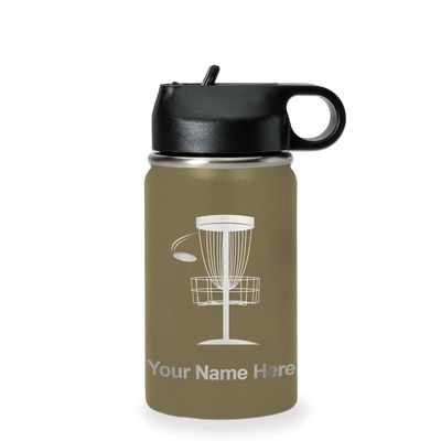 LaserGram Personalized Water Bottle, Disc Golf, Stainless Steel Double Wall Vacuum Insulated with Flip Top Straw, Custom Engraved Gift (12oz / 335ml Camo Green)