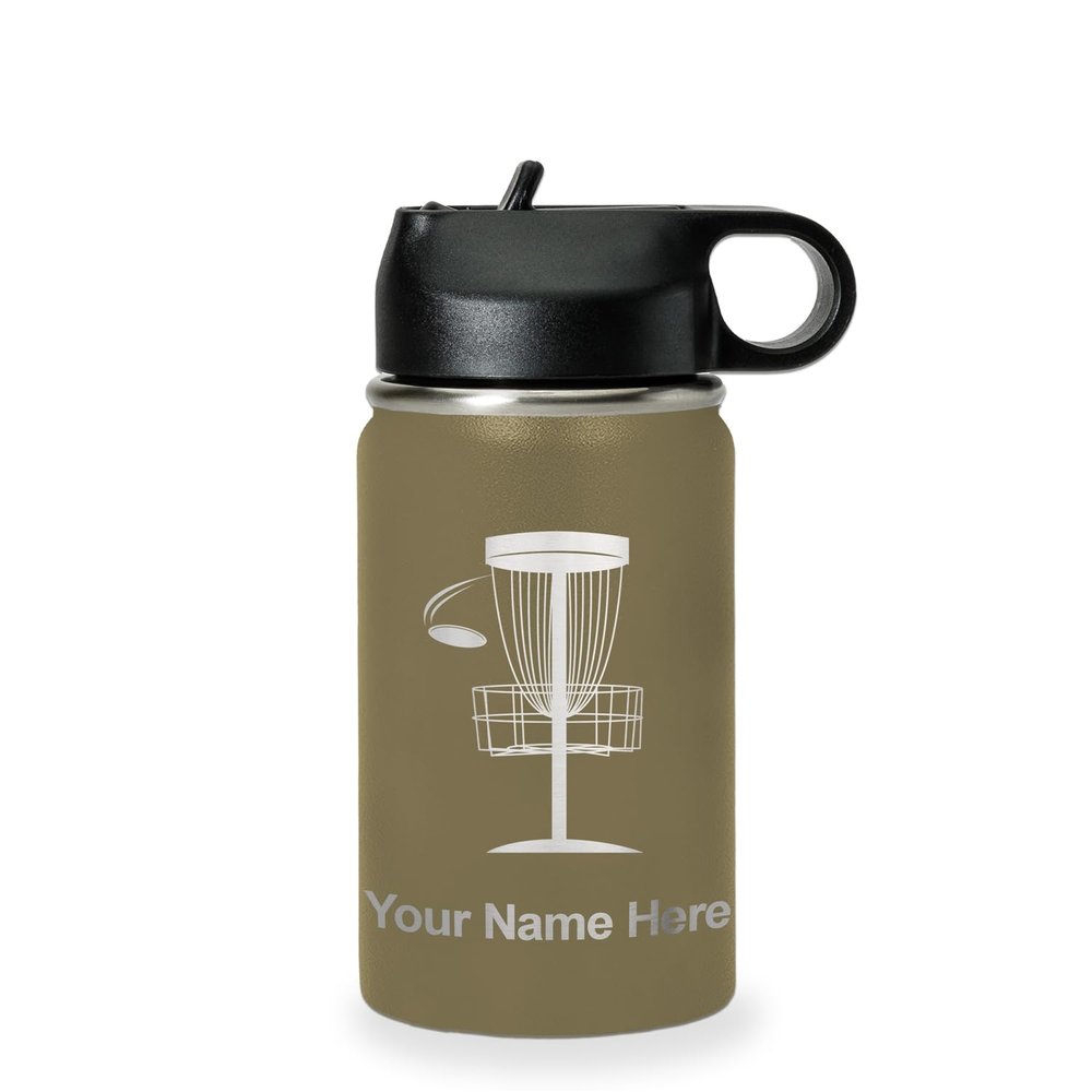 LaserGram Personalized Water Bottle, Disc Golf, Stainless Steel Double Wall Vacuum Insulated with Flip Top Straw, Custom Engraved Gift (12oz / 335ml Camo Green)