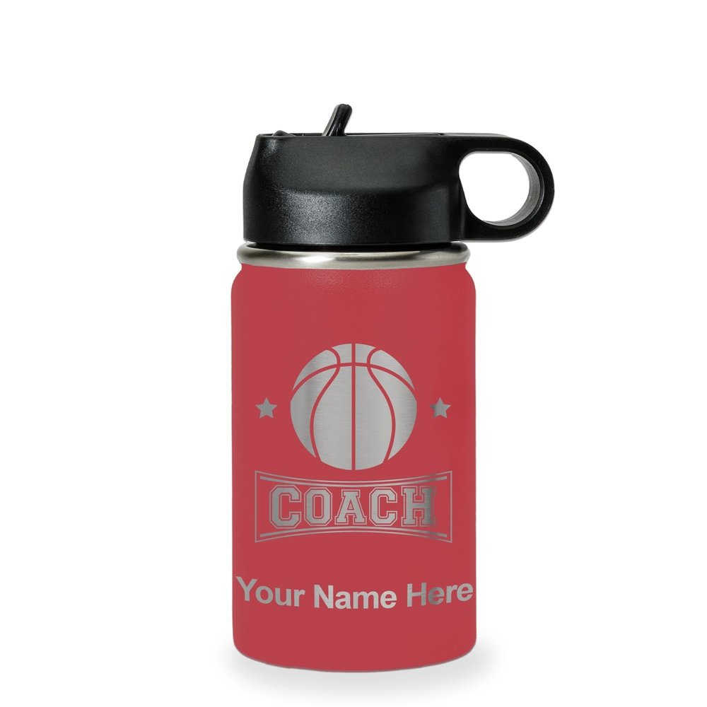LaserGram Personalized Water Bottle, Basketball Coach, Stainless Steel Double Wall Vacuum Insulated with Flip Top Straw, Custom Engraved Gift (12oz / 335ml Maroon)