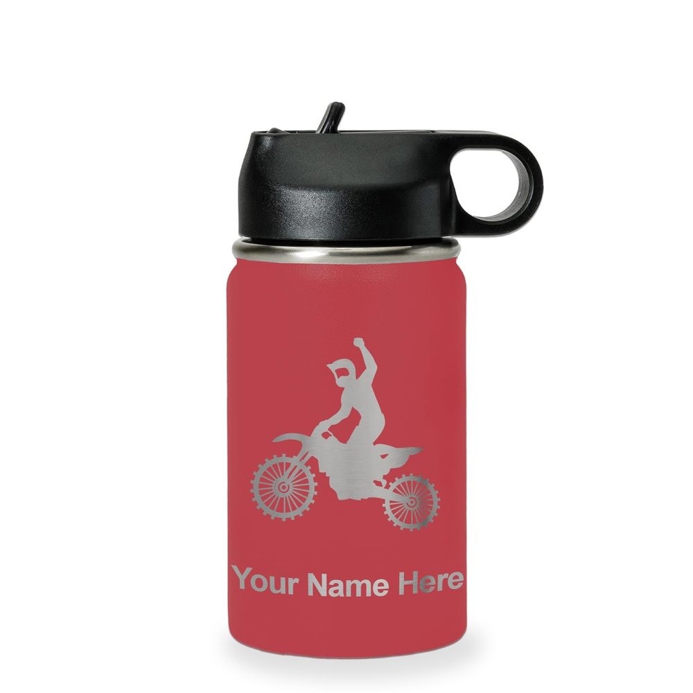 LaserGram Personalized Water Bottle, Motocross, Stainless Steel Double Wall Vacuum Insulated with Flip Top Straw, Custom Engraved Gift (12oz / 335ml Maroon)