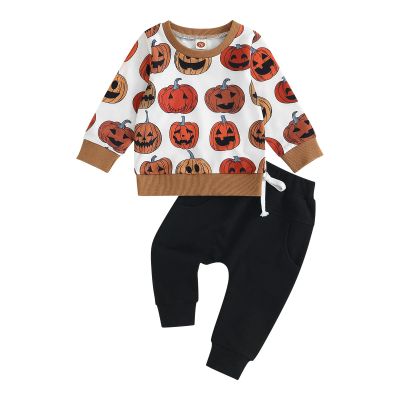 JeuaPho Baby Boy Halloween Outfits Pumpkin Pie Print Long Sleeve Sweatshirt and Pant for Toddler 2 Piece Fall Clothes Set (15 Black, 18-24 Months)