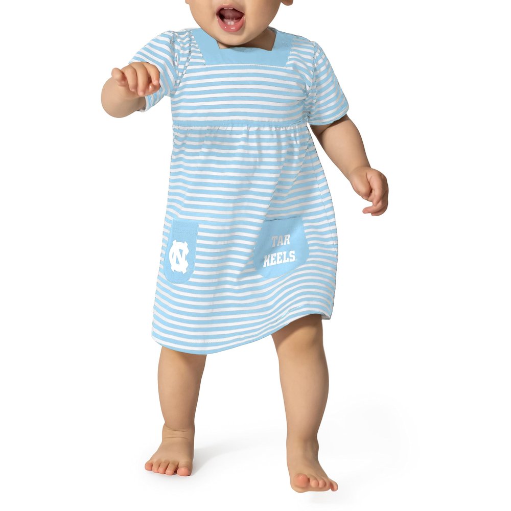 Little King NCAA Infant Girls Short Sleeve Striped Dress with Pockets-North Carolina-Carolina Blue -12 Months