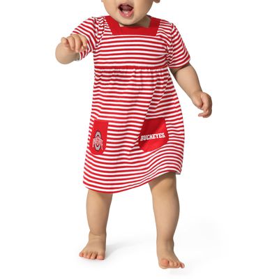 Little King NCAA Infant Girls Short Sleeve Striped Dress with Pockets-Ohio State-Red -18 Months
