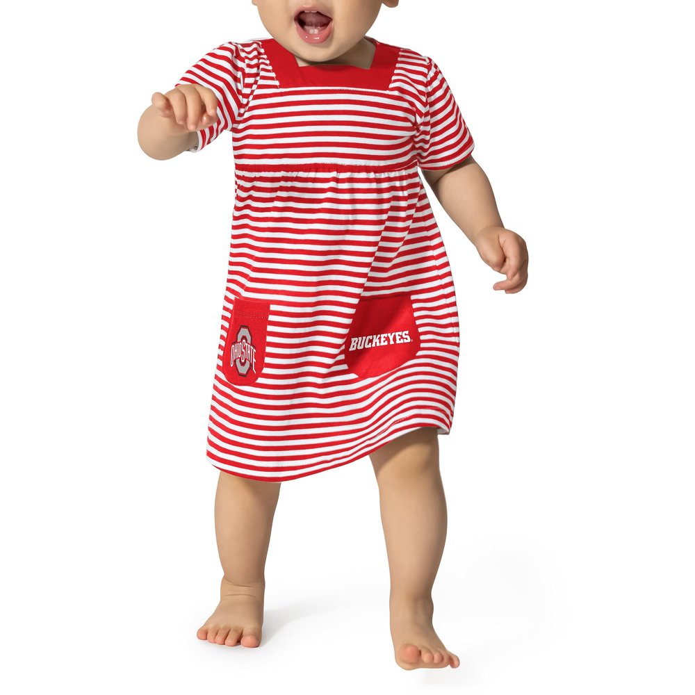 Little King NCAA Infant Girls Short Sleeve Striped Dress with Pockets-Ohio State-Red -18 Months