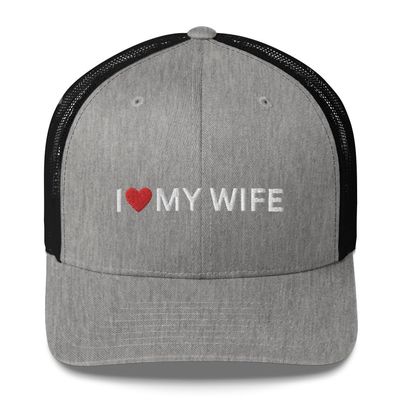 I Love My Wife Hat - Trucker Hat Mesh I Heart My Wife, Husband Gift, Git for Husband from Wife, Hubby Hubs Heather/Black