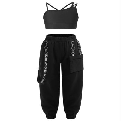 Fldy Kid Girls 2 Piece Outfits Girls Crop Tops with Sweatpants Joggers Set Jazz Hip Hop Dance Clothes Set Black b 7-8 Years