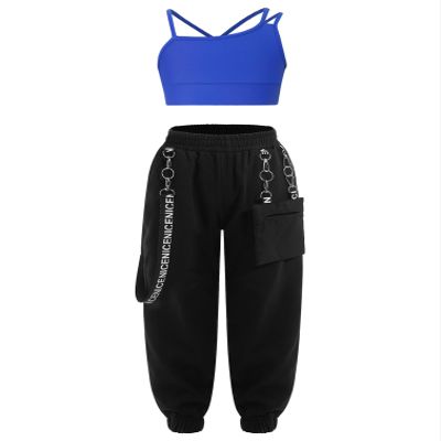 Fldy Kid Girls 2 Piece Outfits Girls Crop Tops with Sweatpants Joggers Set Jazz Hip Hop Dance Clothes Set Royal Blue 7-8 Years
