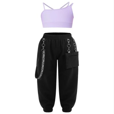 Fldy Kid Girls 2 Piece Outfits Girls Crop Tops with Sweatpants Joggers Set Jazz Hip Hop Dance Clothes Set Lavender 5-6 Years