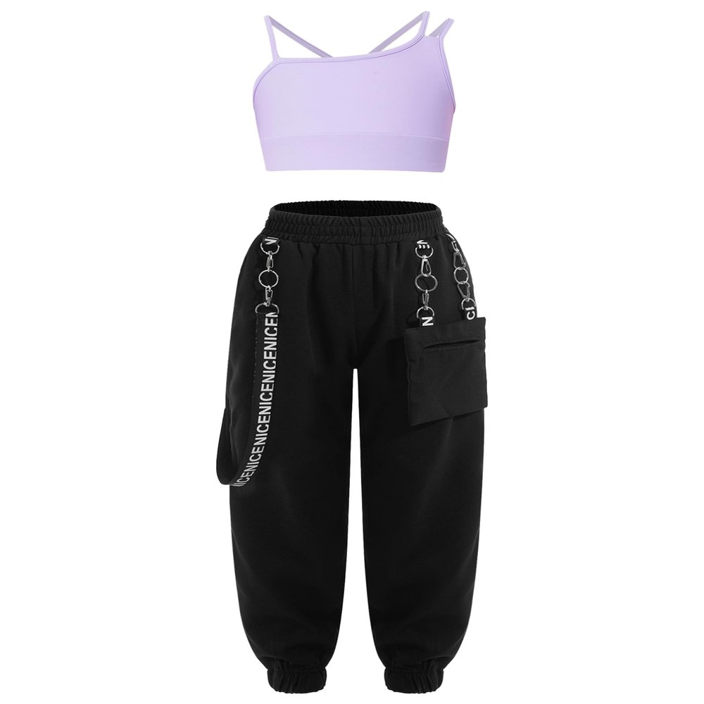 Fldy Kid Girls 2 Piece Outfits Girls Crop Tops with Sweatpants Joggers Set Jazz Hip Hop Dance Clothes Set Lavender 5-6 Years