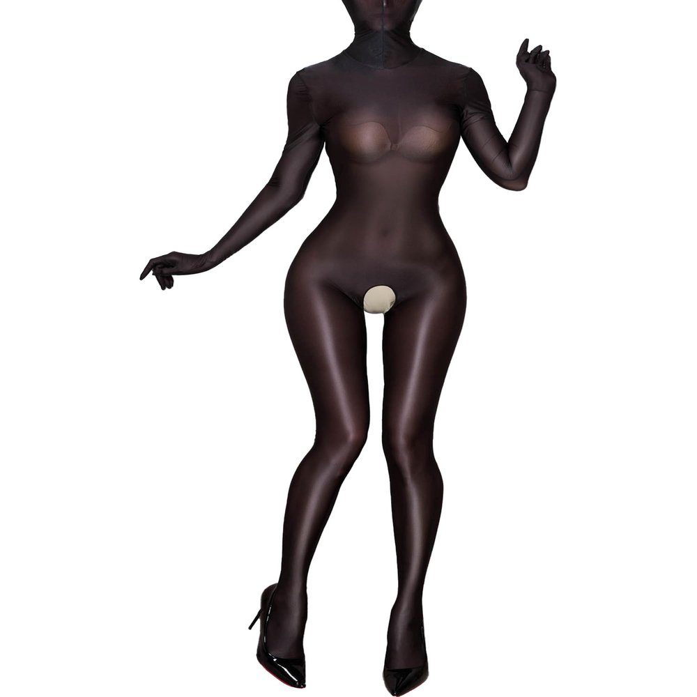 easyforever Women's Glossy Stretchy Lingerie Bodysuit See Through Smooth Full Bodystocking Black One Size