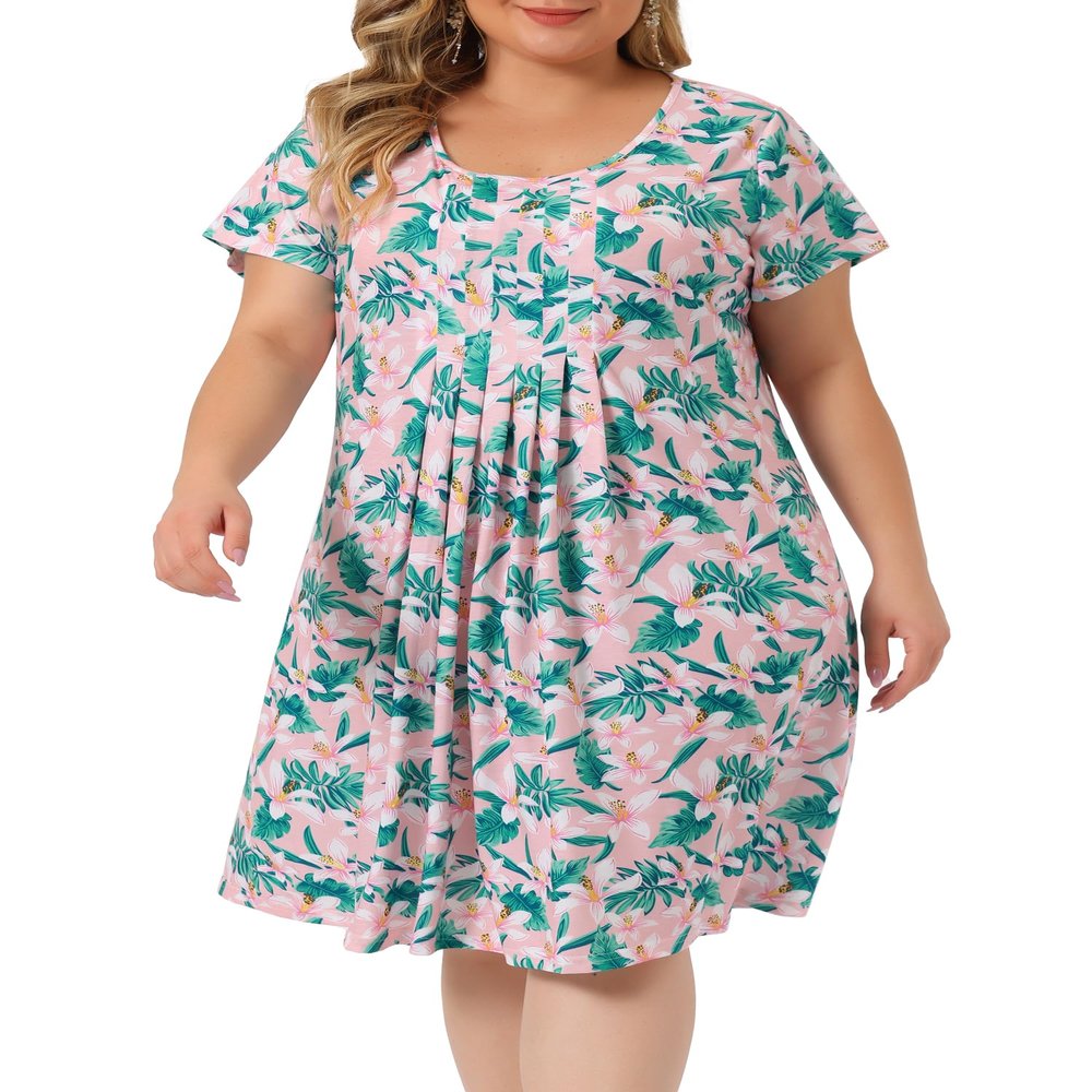 Agnes Orinda Plus Size Dress for Women Short Sleeves Pleated Summer Casual Floral Dresses 1X Pink Green