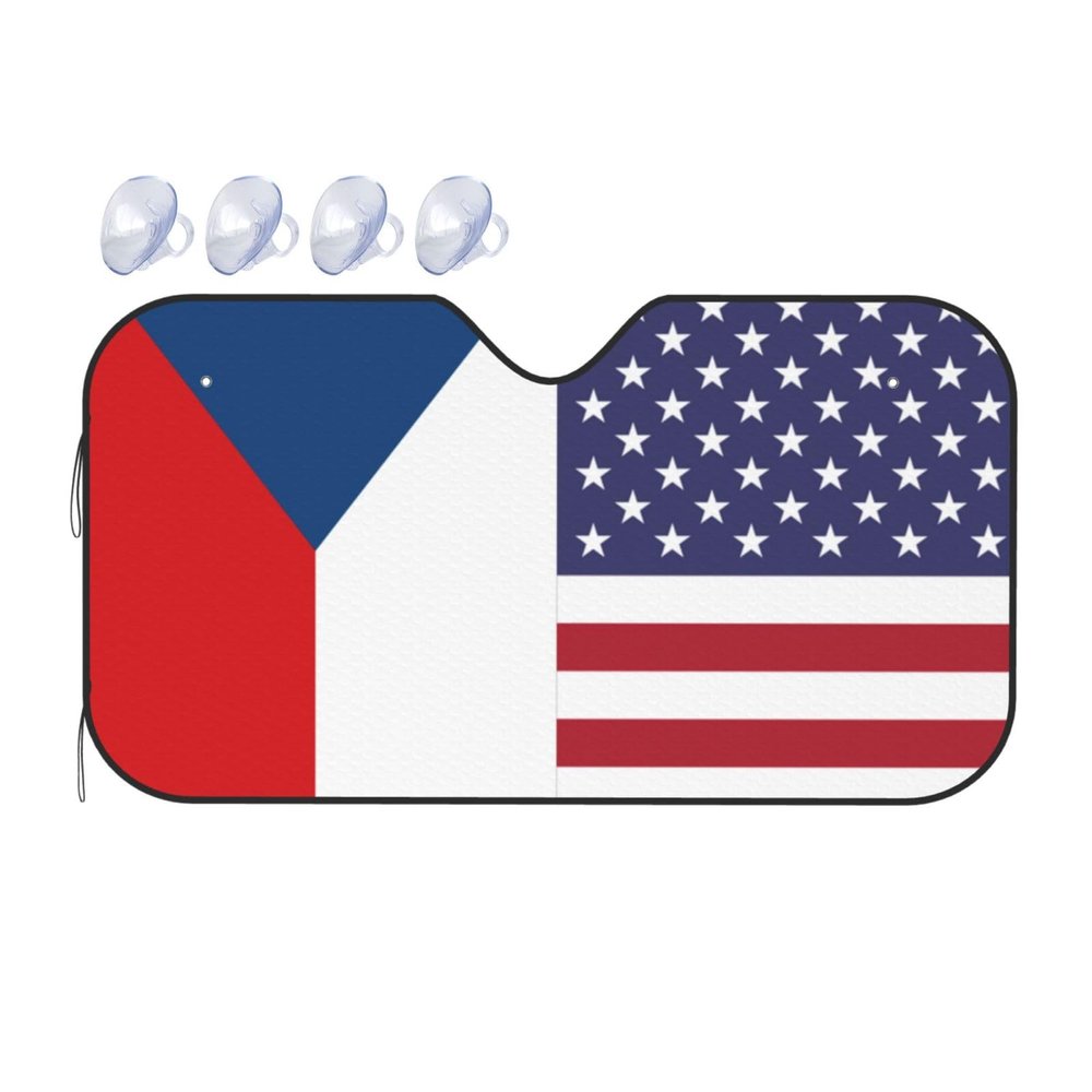 America Czech Friendship Flag Foldable Car Windshield Sunshade Blocks Heat and Sun Glare Uv Rays