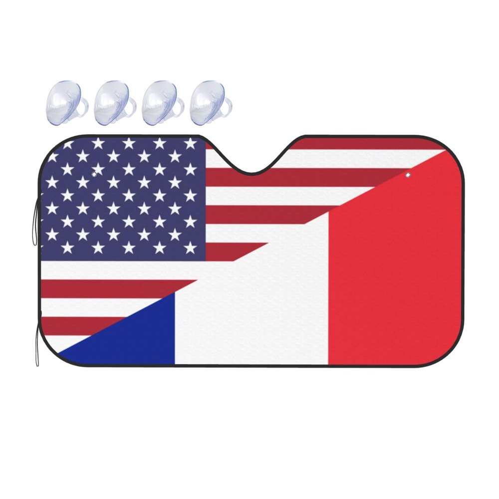 America France Friendship Flag Foldable Car Windshield Sunshade Blocks Heat and Sun Glare Uv Rays