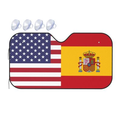 America Spain Friendship Flag Foldable Car Windshield Sunshade Blocks Heat and Sun Glare Uv Rays