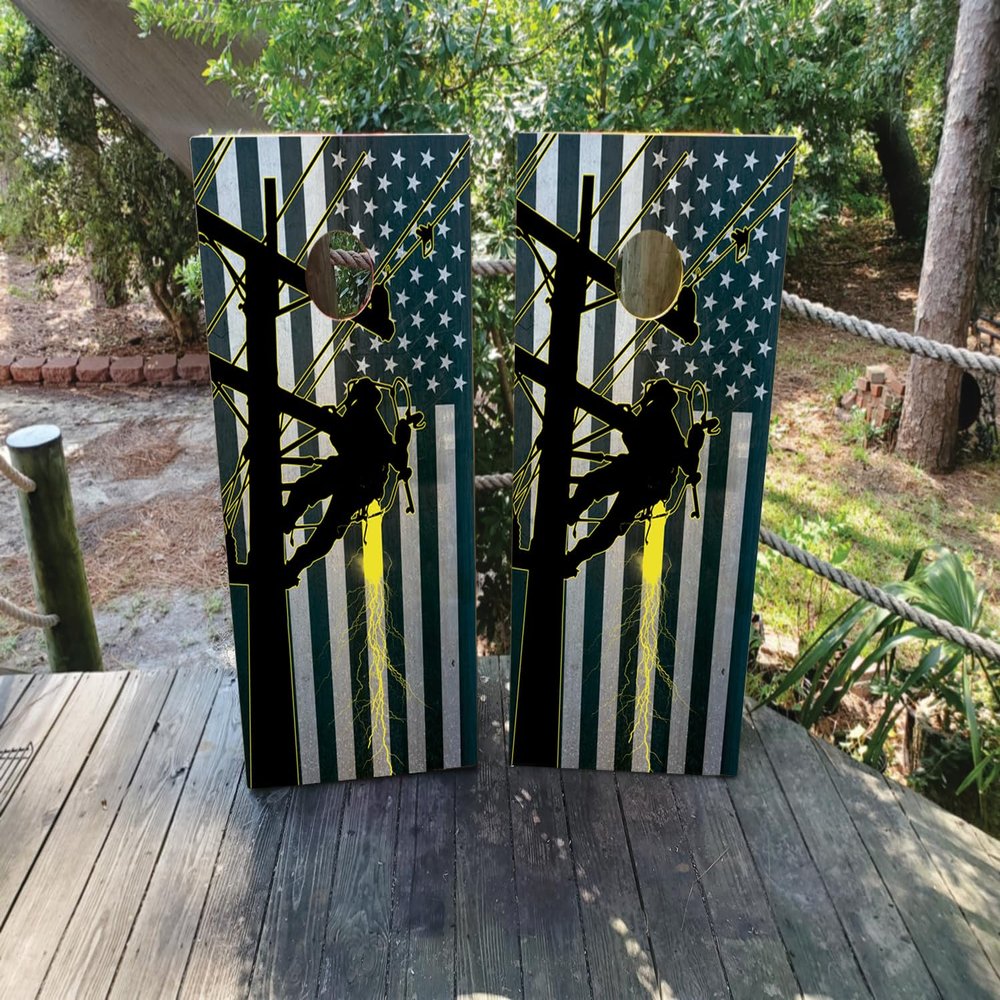 Pair of Waterproof Cornhole Board Wraps- Decals ONLY- Lineman Electricity - Laminated - Easy to Apply