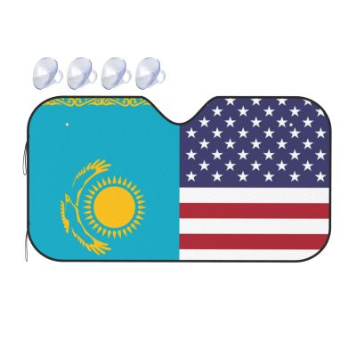 America Kazakhstan Friendship Flag Foldable Car Windshield Sunshade Blocks Heat and Sun Glare Uv Rays