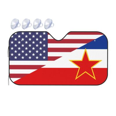 America Yugoslavia Friendship Flag Foldable Car Windshield Sunshade Blocks Heat and Sun Glare Uv Rays