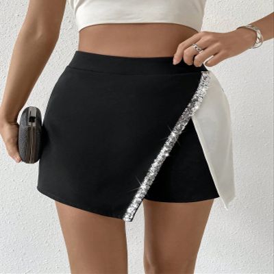 Women's Shorts Two Tone Contrast Sequin Asymmetrical Hem Skort LAIKIT (Color : Black and White, Size : Medium)