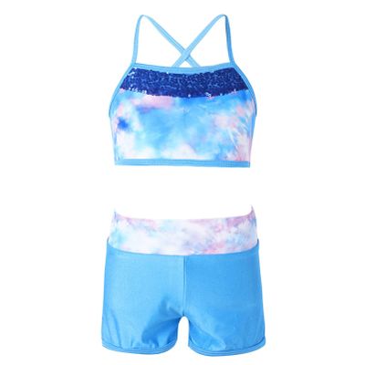 Alvivi Kids Girls Two Pieces Sports Dance Outfit Crop Tops Bra with Shorts Set Gymnastics Athletic Leotard Swimwear Sea Sky Pink 8-10 Years