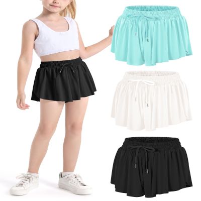 Auranso Girls Flowy Shorts with Pocket 2-in-1 Athletic Running Butterfly Shorts 3Pack Black-Cream-Light Green 9-10 Years