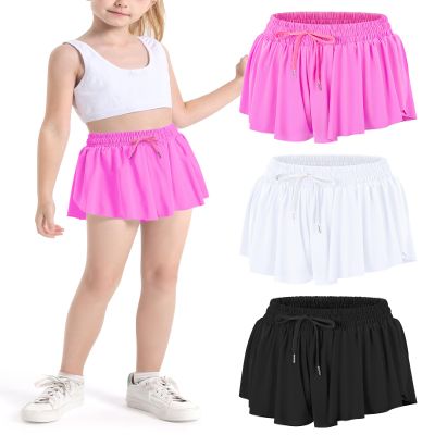 Auranso Girls Flowy Shorts with Pocket 2-in-1 Athletic Running Butterfly Shorts 3Pack Black-White-Rose Red 7-8 Years