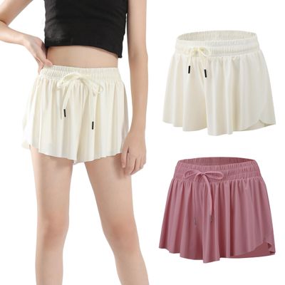 2 Pack Girls Athletic Flowy Shorts with Pockets Butterfly Running Active Workout Sports Elastic Waist Skorts for Kids 7-8Y Beige Pink