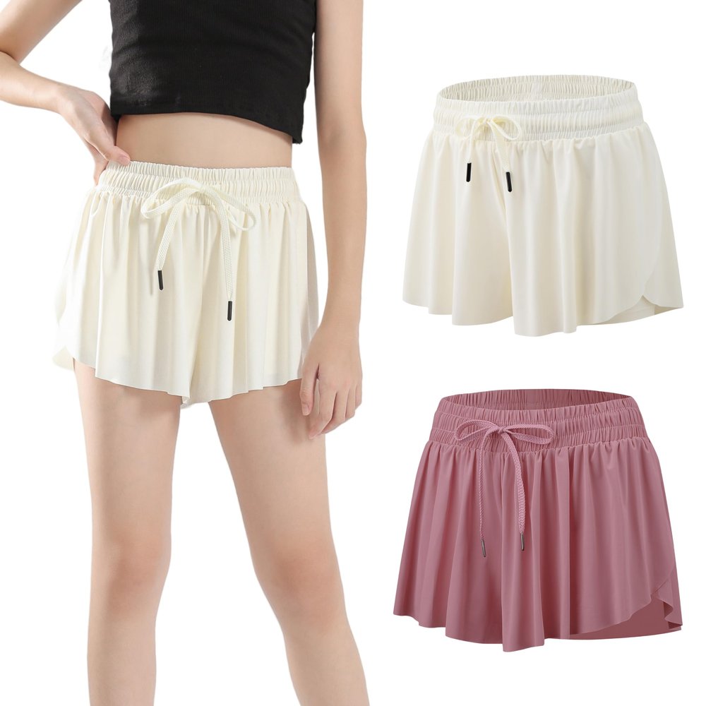 2 Pack Girls Athletic Flowy Shorts with Pockets Butterfly Running Active Workout Sports Elastic Waist Skorts for Kids 7-8Y Beige Pink