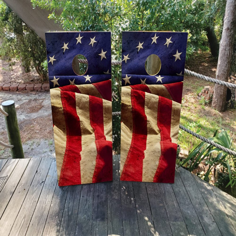 Pair of Waterproof Cornhole Board Wraps- Decals ONLY- 13 Colonies Waving USA Flag - Laminated - Easy to Apply