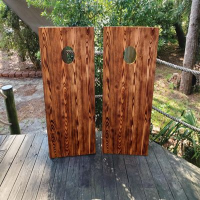 Pair of Waterproof Cornhole Board Wraps- Decals ONLY- Burnt Wood Grain - Laminated - Easy to Apply
