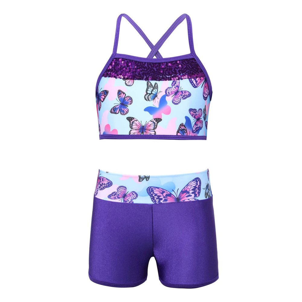 Alvivi Kids Girls Two Pieces Sports Dance Outfit Crop Tops Bra with Shorts Set Gymnastics Athletic Leotard Swimwear Swallowtail Blue 3-4 Years