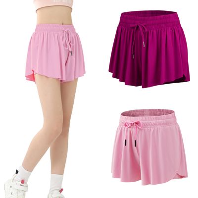2 Pack Girls Athletic Flowy Shorts with Pockets Butterfly Running Active Workout Sports Elastic Waist Skorts for Kids 9-10Y Baby Pink Deep Rose Red