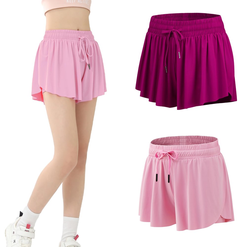 2 Pack Girls Athletic Flowy Shorts with Pockets Butterfly Running Active Workout Sports Elastic Waist Skorts for Kids 9-10Y Baby Pink Deep Rose Red