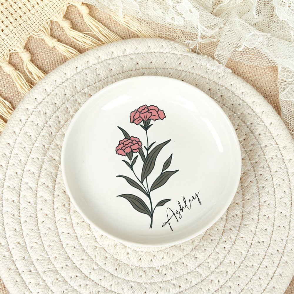 Birth Flower Jewelry Dish, Personalized Gift for Her, Gift for Mom, Bridesmaid Gift, Engagement Gift, Birthday Gifts for Women, Trinket Dish, Minimalist January Carnation Jewelry Holder