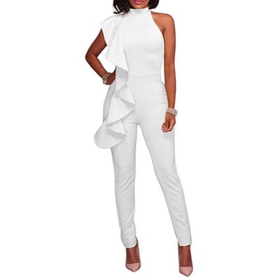 Womens Solid Color Ruffle Halter Jumpsuit Off Shoulder Slim Fit Bodycon Playsuit High Waist Tapered Pants Romper (White,Small)