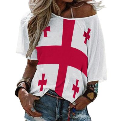 Adugen Origei Georgia Flag Mid Sleeve Straight Neck T-Shirt Women's Tops Casual Shirts Summer Blouses Popular Short Sleeve Shirt M