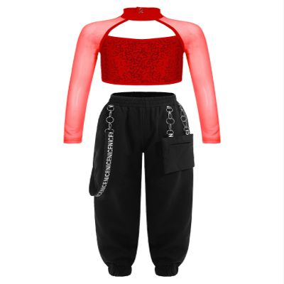Aislor Kids Girls Long Sleeve Mock Neck Sequins Jazz Hip Hop Street Ballet Dance Crop Top with Jogger Cargo Pants Set Red 10 Years