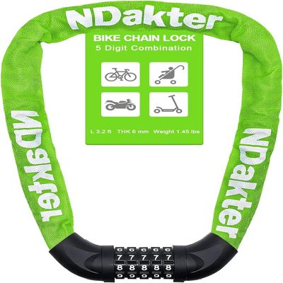 NDakter Bike Chain Lock, 5 Digit Combination Heavy Duty Anti Theft Bicycle Chain Lock,2.62/3.2/4.27/5/6Ft Long Security Resettable Bike Locks for Bike, Bicycle, Scooter, Door, Gate, Fence-4/6mm Thick