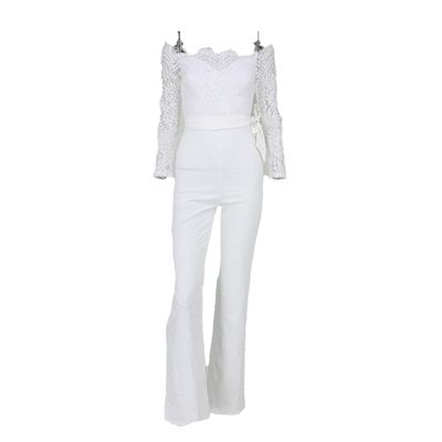 JEsilunmaMY Womens Lace Trim Off Shoulder Jumpsuits Solid Color Casual Flared Trousers Romper Elegant Slim Lounge Jumpsuit (White,X-Large)
