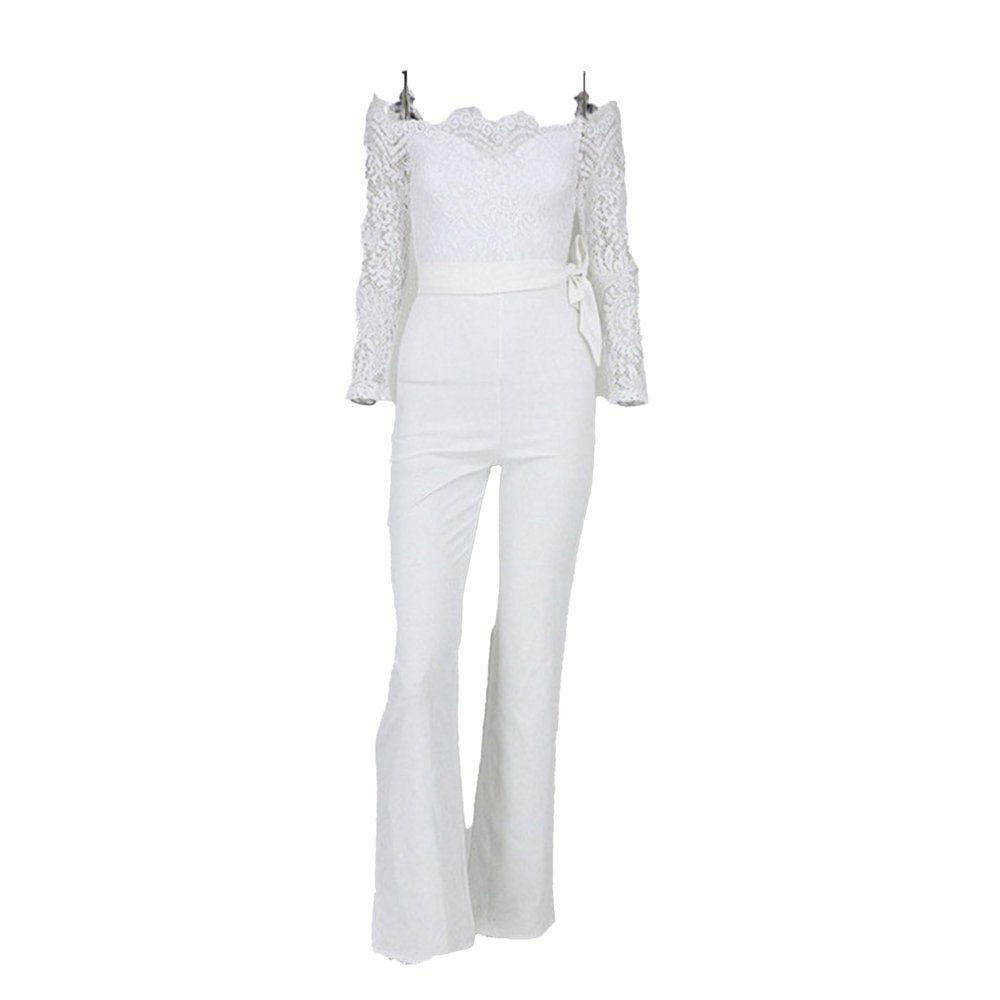 JEsilunmaMY Womens Lace Trim Off Shoulder Jumpsuits Solid Color Casual Flared Trousers Romper Elegant Slim Lounge Jumpsuit (White,X-Large)