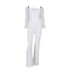 JEsilunmaMY Womens Lace Trim Off Shoulder Jumpsuits Solid Color Casual Flared Trousers Romper Elegant Slim Lounge Jumpsuit (White,X-Large) view 1