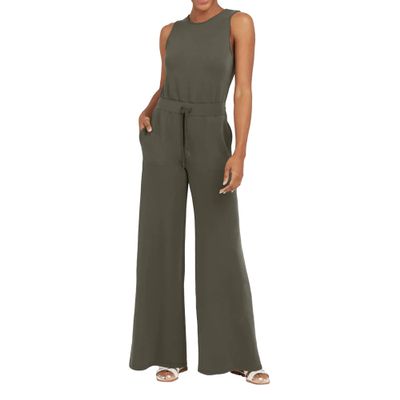 JEsilunmaMY Sleeveless Tie Waist Tank Rompers for Women Casual Crewneck Wide Leg Pants Jumpsuits Solid Color Summer Playsuit (Army Green,X-Large)