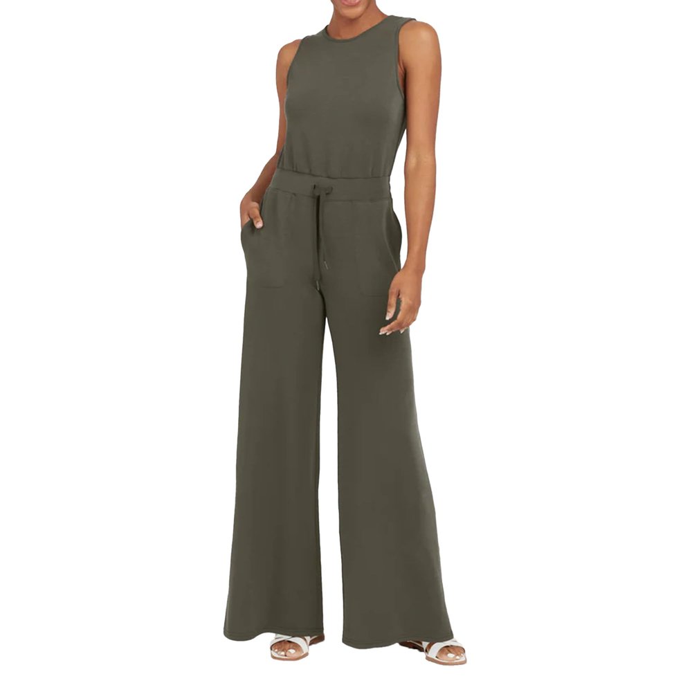 JEsilunmaMY Sleeveless Tie Waist Tank Rompers for Women Casual Crewneck Wide Leg Pants Jumpsuits Solid Color Summer Playsuit (Army Green,X-Large)