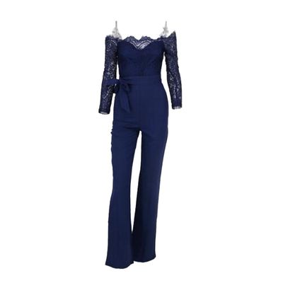 Womens Lace Trim Off Shoulder Jumpsuits Solid Color Casual Flared Trousers Romper Elegant Slim Lounge Jumpsuit (Blue,Large)
