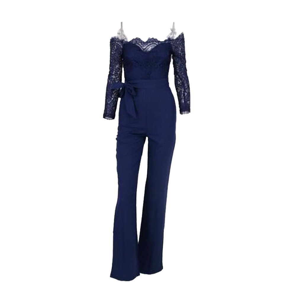 Womens Lace Trim Off Shoulder Jumpsuits Solid Color Casual Flared Trousers Romper Elegant Slim Lounge Jumpsuit (Blue,Large)